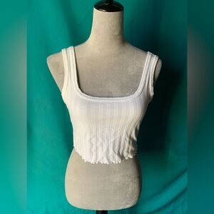Stylish White Ribbed Crop Top, Square Neckline, Lettuce Hem, Women’s Small